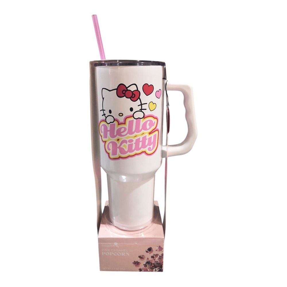Hello Kitty white pink insulated drinking XL‎ tumbler and pink caramel popcorn